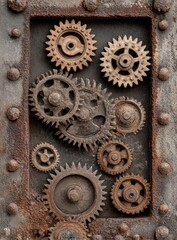 Rusty metal frame showcasing intricate gears
