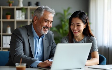 Fototapeta premium 2 multicultural team coworkers, older Latin man executive and young Asian woman manager working together, happy diverse employees looking at laptop computer discussing financial corporate project.
