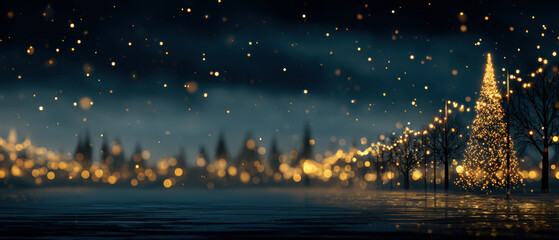 Blurred Christmas tree lights with dark gradient sky and ample space for text