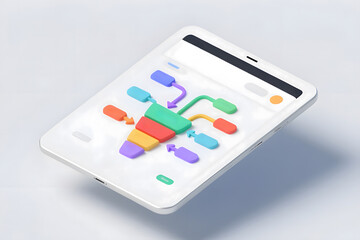 A minimalist 3D render featuring a modern digital tablet suspended against a clean grey background