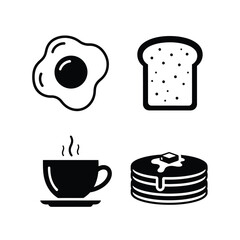A collection of four black and white breakfast food icons: a fried egg, a slice of toast, a steaming coffee cup, and a stack of pancakes.