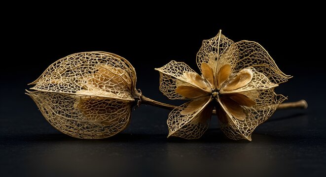 Delicate dried physalis flower structure against a dark background