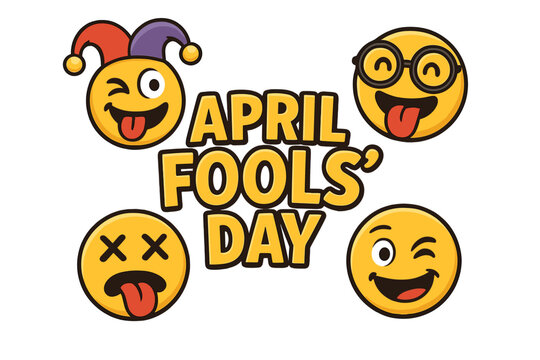 April Fools Day greeting. Funny emoticon set for joke celebration. Jester smiley, silly emoji with glasses, winking face and dead character. Prank day vector illustration. - Powered by Adobe