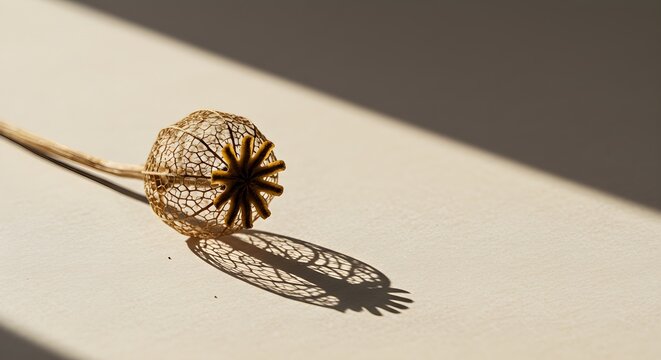 Delicate dried seed pod with intricate structure and shadow on pale surface