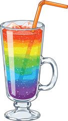 Colorful rainbow layered drink illustration, vibrant gradient beverage with ice cubes, striped straw, refreshing cocktail design, creative summer party glass, digital vector art style