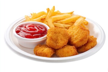Naklejka premium Crispy fried nuggets and fries with ketchup