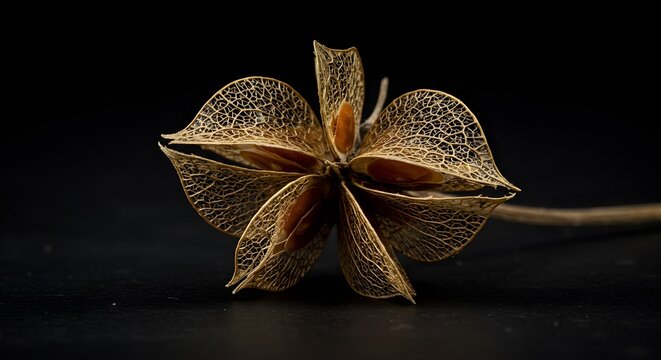 Detailed close up of a dried flower against a black background