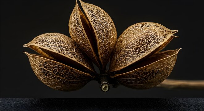 Detailed macro shot of dried seed pod against black background copy space