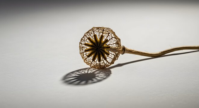 Dried seed pod with intricate details casting shadow against a white backdrop
