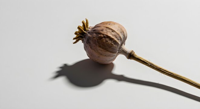 Dried poppy seed head with stem and shadow on white background