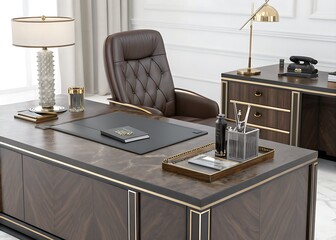 Luxurious executive office desk and chair with elegant decor