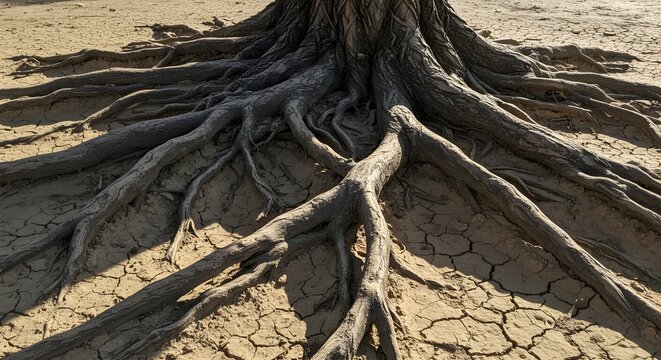 Exposed tree roots on cracked earth surface under direct sunlight