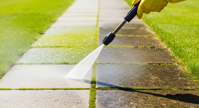 High-pressure cleaning of garden path for a pristine outdoor space