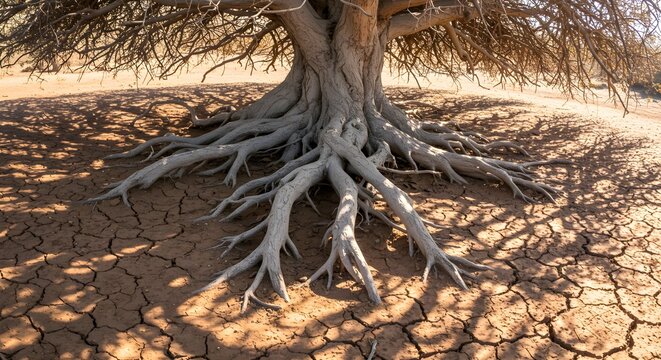 Exposed tree roots on cracked earth under sunlight showing texture and pattern