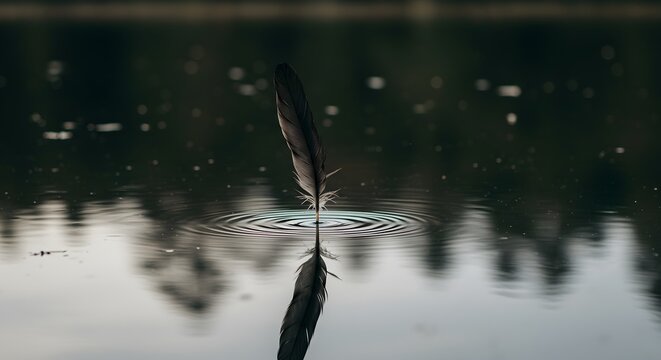 Feather on water surface reflection and ripples create calm serene visuals
