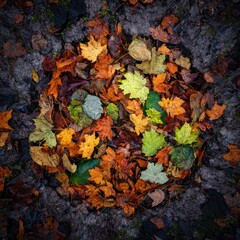Obraz premium A vibrant circle of fallen leaves in autumn hues resting on dark, damp earth