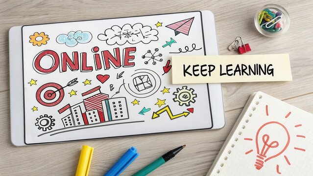 Creative workspace setup featuring online learning doodles and motivational quotes to inspire education and personal growth - Powered by Adobe