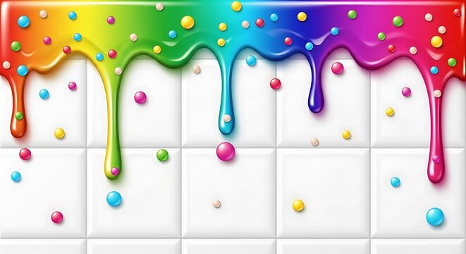 Vibrant Rainbow Drips on White Tiles with Colorful Candy Sprinkles