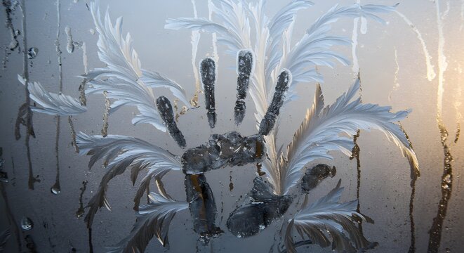 Handprint on frosted glass with floral patterns and artistic composition