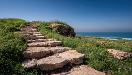 Ancient stone steps leading down to a coastal landscape