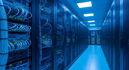 Advanced data center infrastructure with network servers and cables in a secure facility for modern cloud computing solutions