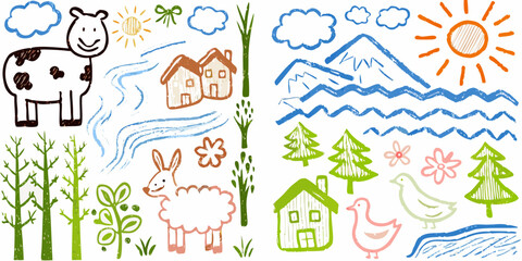 Charming hand drawn countryside scene with farm animals trees houses sun and clouds