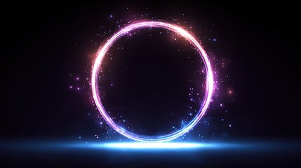 Glowing neon circle with pink and blue accents on a dark background with light effects