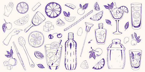 Hand drawn collection of cocktail ingredients and bar tools in purple ink on a light background