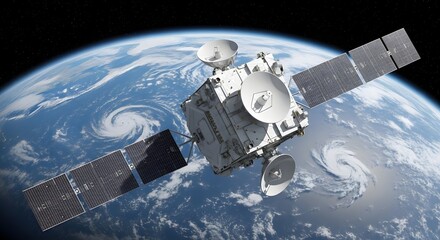 Satellite orbiting earth capturing global weather patterns and oceanic cyclones from space for scientific research and meteorology