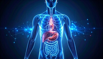 3D human anatomy illustration showing transparent body with futuristic medical interface, internal organs highlighted, focusing on respiratory and digestive systems on dark background