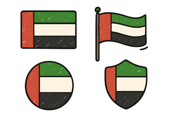UAE flag vector icon set. Hand-drawn doodle sketch style. United Arab Emirates national symbol collection. Waving flag, shield, and circle button emblem for patriotism concept.