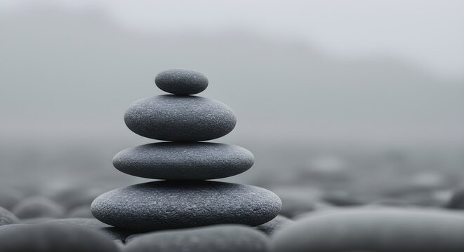 Stacked stones balanced on top of each other in a serene foggy landscape