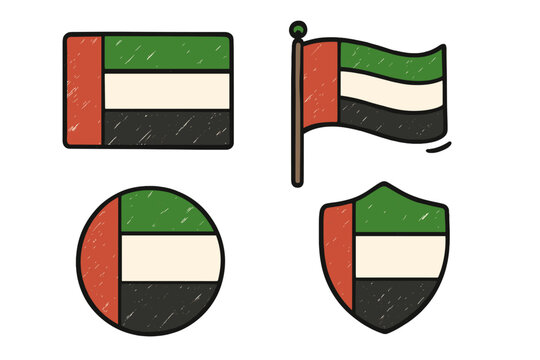 UAE flag vector icon set. Hand-drawn doodle sketch style. United Arab Emirates national symbol collection. Waving flag, shield, and circle button emblem for patriotism concept.