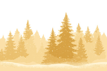 Golden Christmas winter forest landscape. Snowy fir trees silhouette background. Magic snowfall scene for holiday greeting card. Vector illustration art for festive design.