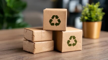 Medium shot of recyclable paper boxes stacked neatly highlighting ecoconscious packaging with blurred background for emphasis on sustainability.