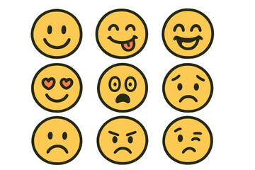 Cute freehand emoticon set. Vector emoji smiley illustrations. Collection of yellow cartoon faces with many expressions. Happy, sad, angry, love, surprised, winking icons.