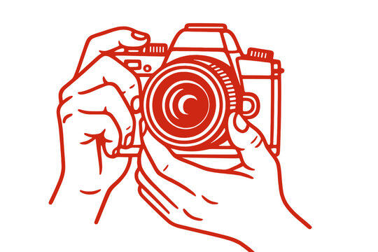 Hands holding a vintage dslr camera. Photographer taking picture. Line art vector icon. Concept for photography, photo session, creative hobby, photojournalist, cameraman.