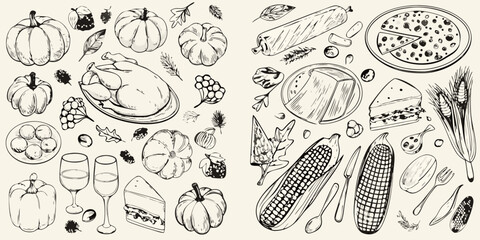 Hand drawn sketch of a festive harvest feast with pumpkins turkey corn pizza and wine
