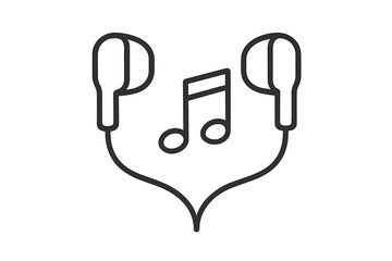 Earphones and music note icon. Listen to music concept. Headphone, earbud vector symbol. Audio, sound, song, playlist, podcast linear sign. Digital media player graphic.