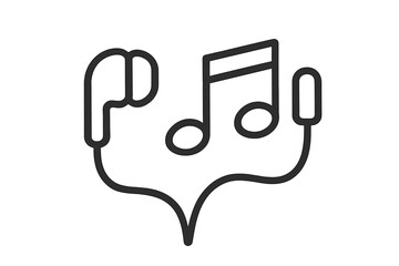 Listen to music concept. Earbuds and musical note icon. Linear vector symbol for audio streaming, podcast, playlist. Sound and melody sign. Headphone pictogram design.