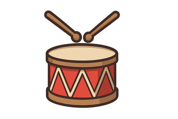 Drum vector icon. Red snare drum with drumsticks. Cartoon music instrument illustration. Percussion, rhythm, sound symbol. Isolated flat graphic for band, concert, hobby.