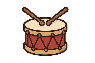 Drum vector icon. Music instrument symbol. Cartoon snare drum with drumsticks. Percussion illustration. Concept of rhythm, beat, sound, march, parade. Isolated graphic element.