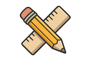Pencil and ruler icon for education and creativity. Vector cartoon illustration of school supplies. Symbol for learning, drawing, measurement, and drafting. Stationery design element.