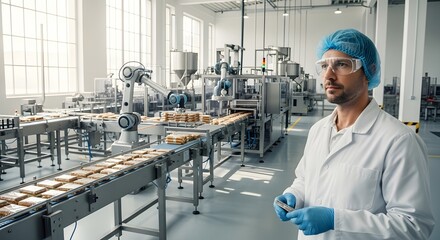 Modern food processing plant with automated robotics and quality control technician in protective gear