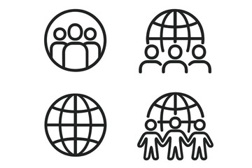 Global community and teamwork line icon set. People, population, and society symbols for social network, global business, collaboration, partnership, and communication.