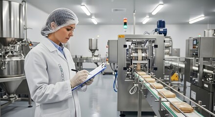Quality control specialist conducting inspection in modern food processing facility for ensuring product safety and compliance
