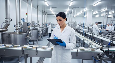 Quality control in modern food production facility with technicians in hygienic attire