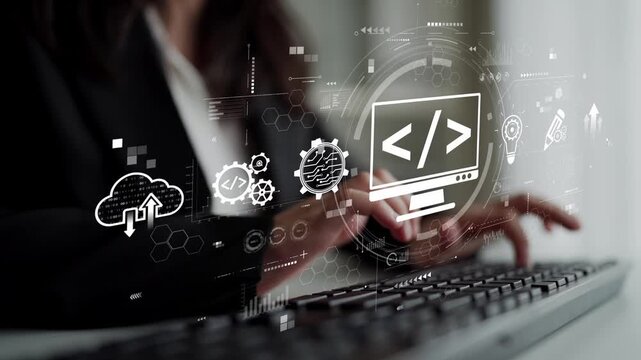 Modern web development concept featuring coding symbols, web development process, web development interface, and web development tools with futuristic design. Muxer