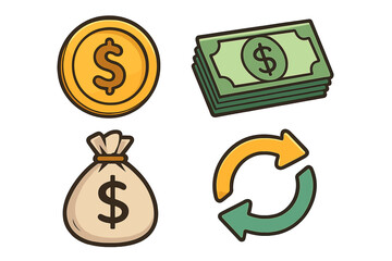 Money icon set vector. Finance cartoon illustration. Dollar cash, gold coin, banknote stack, money bag. Currency exchange, cashback or refund symbol. Business payment concept.