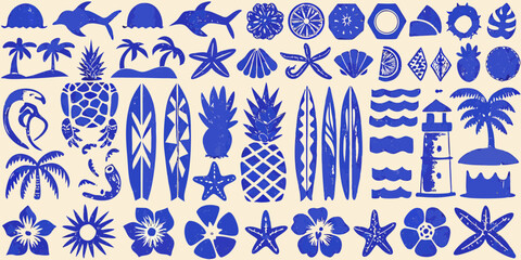 Collection of blue tropical summer beach icons and symbols on a cream background